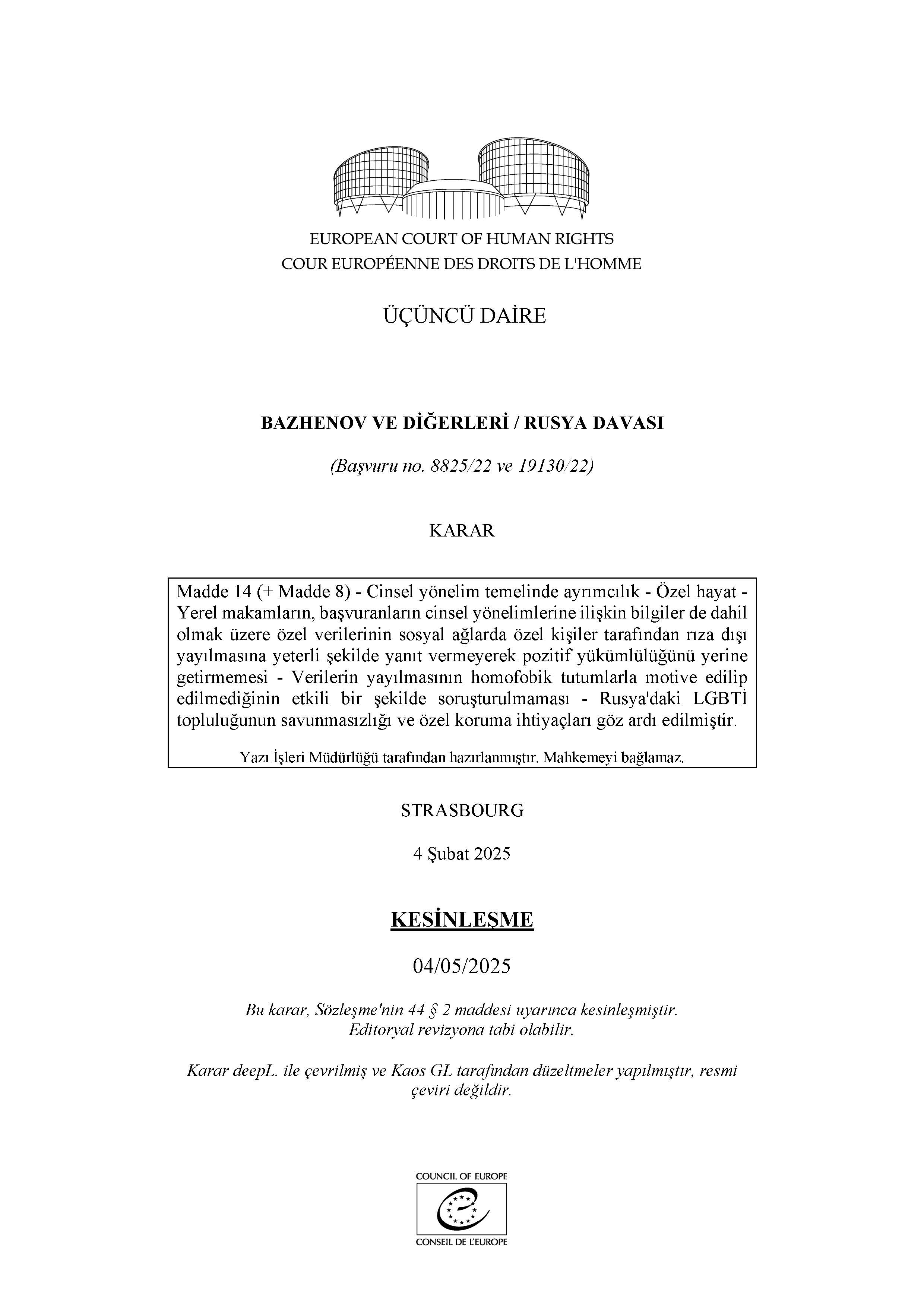 BAZHENOV VE DİĞERLERİ / RUSYA DAVASI - Ayrımcılığa Karşı Gökkuşağı Derneği