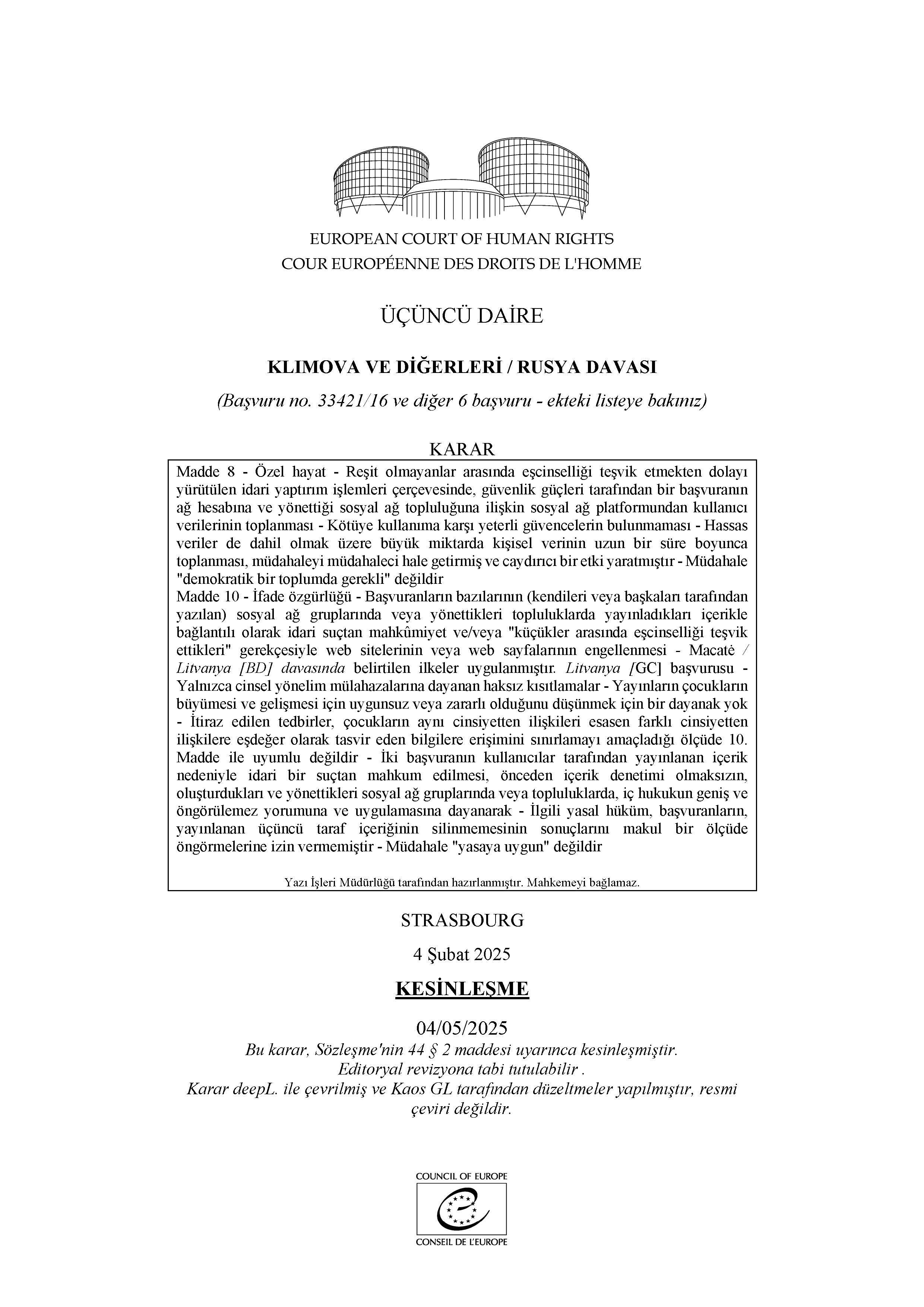KLIMOVA VE DİĞERLERİ / RUSYA DAVASI  - Ayrımcılığa Karşı Gökkuşağı Derneği