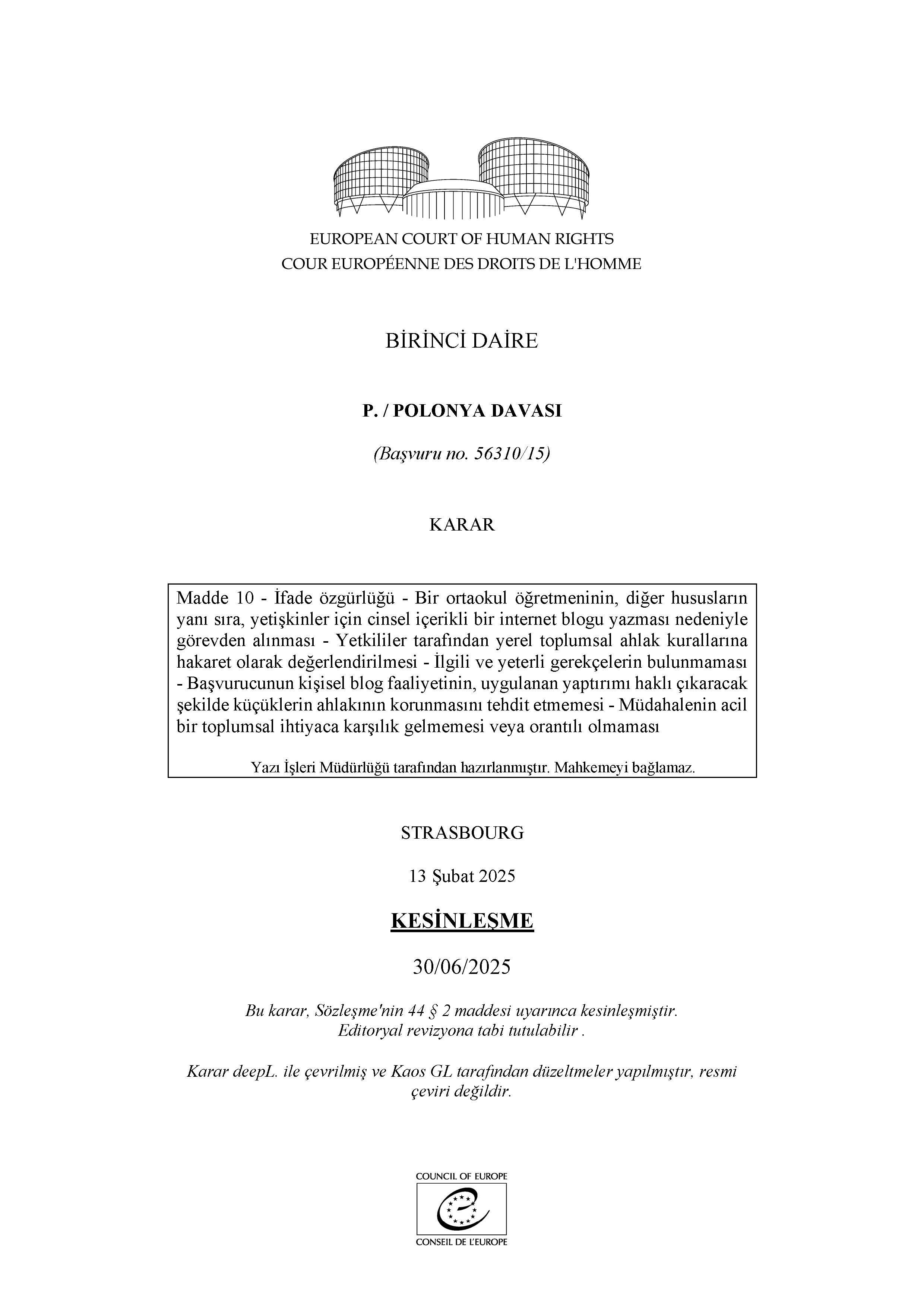 P. / POLONYA DAVASI - Ayrımcılığa Karşı Gökkuşağı Derneği